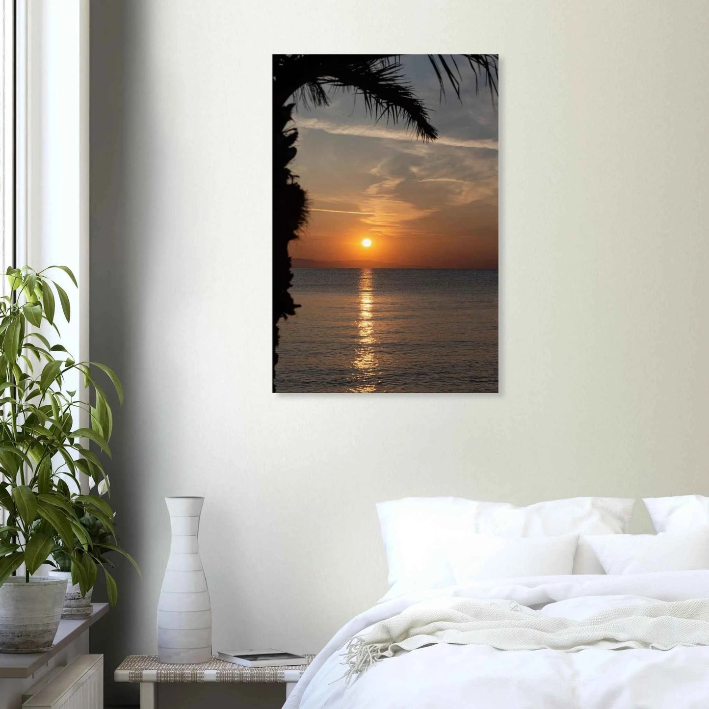 Canvas print wall art, Sunset over calm water with golden reflections, framed by tree branches in a peaceful natural landscape on the wall in the Bedroom