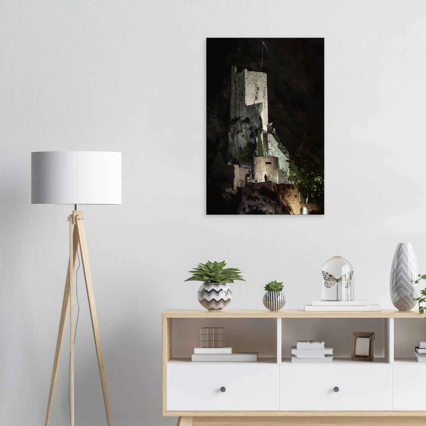 Canvas Print wall art of an ancient stone bastion decorated with green climbing plants against a dark background in Shadow Keep on the wall in the Livingroom