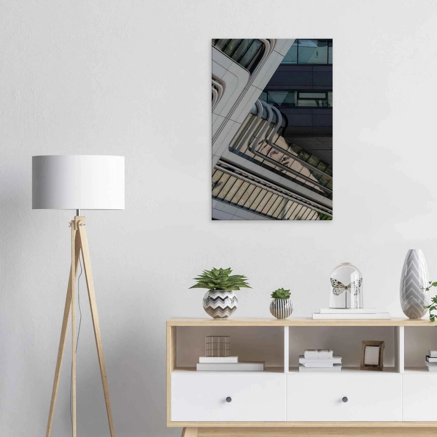 Exterior view of the Library of WU (Vienna University of Economics and Business) with modern angular glass and steel architecture on Canvas print wall art on the wall in the Livingroom