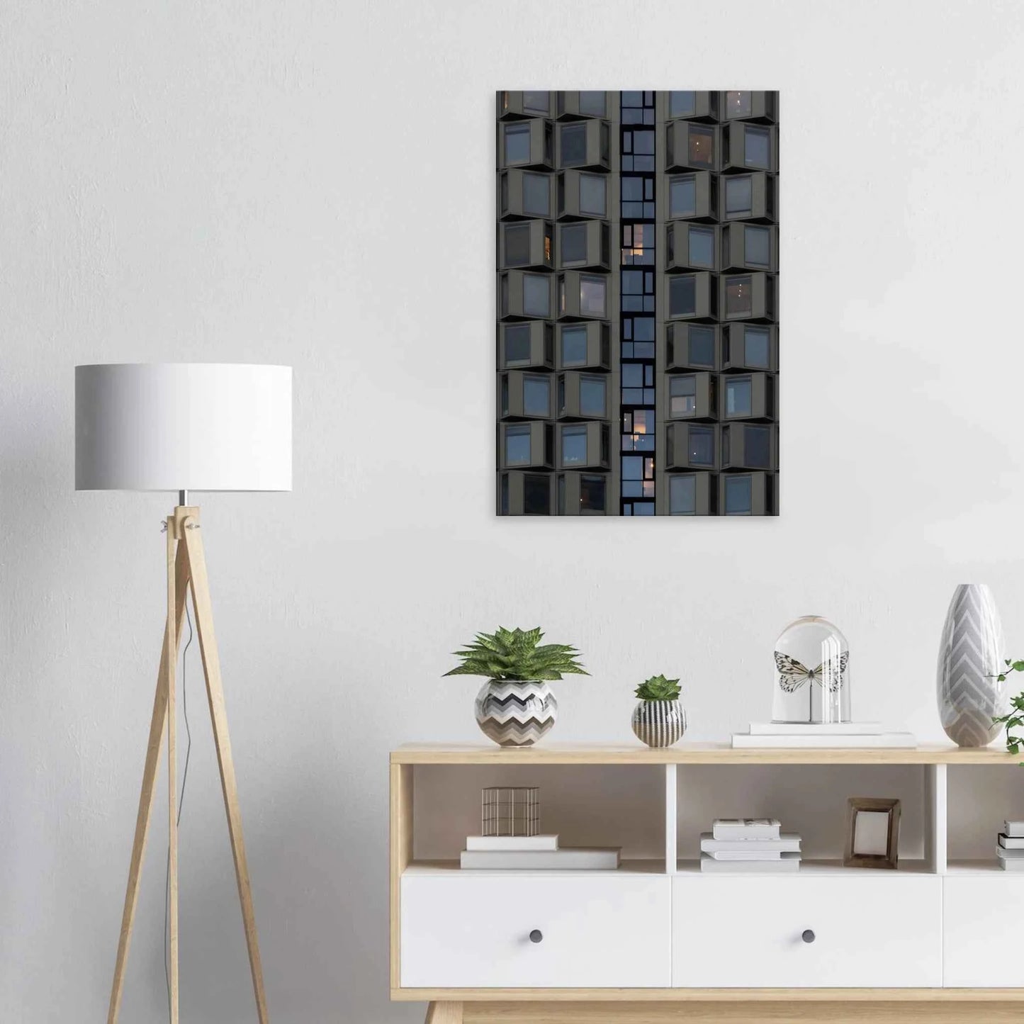 Close up view of a modern building facade with a grid of reflective glass windows on Canvas print wall art on the wall in the Livingroom