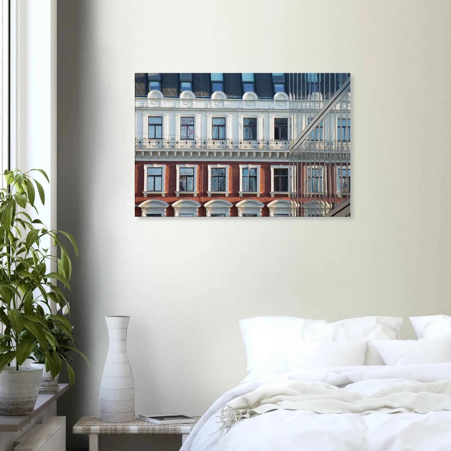 Canvas print wall art Historic European-style Modern Houseblock building facade with multiple windows and elegant architectural details on the wall in the Bedroom