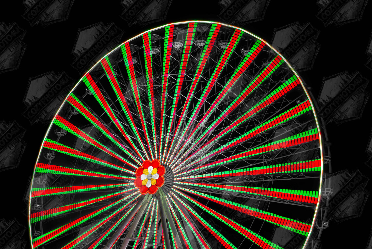 Digital Picture art Night photo of the Vienna Prater Giant Ferris Wheel (Wiener Riesenrad) illuminated with warm golden lights against a dark sky