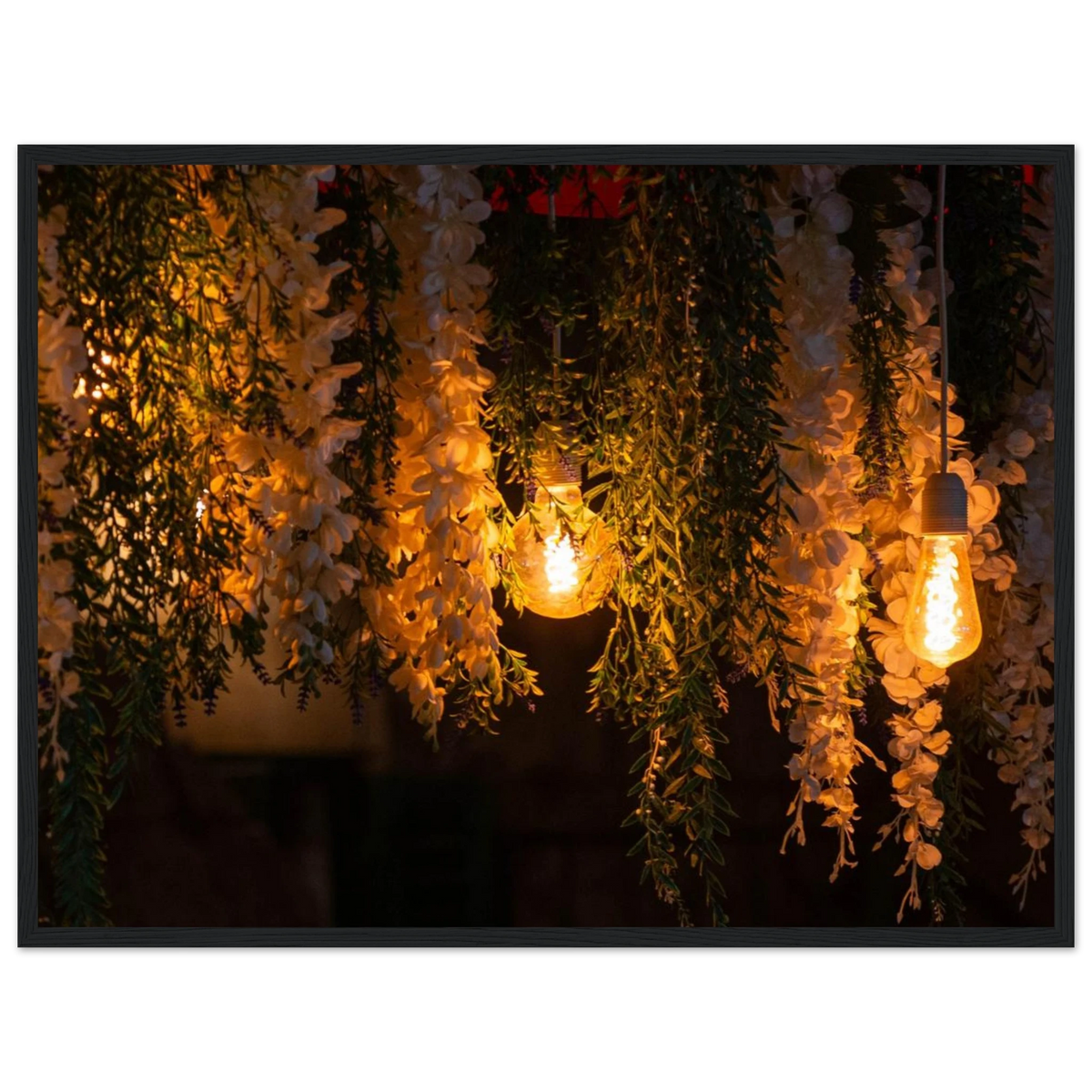 Bloom in the Glow – spring flowers and fairy lights photography photo print in a wooden frame
