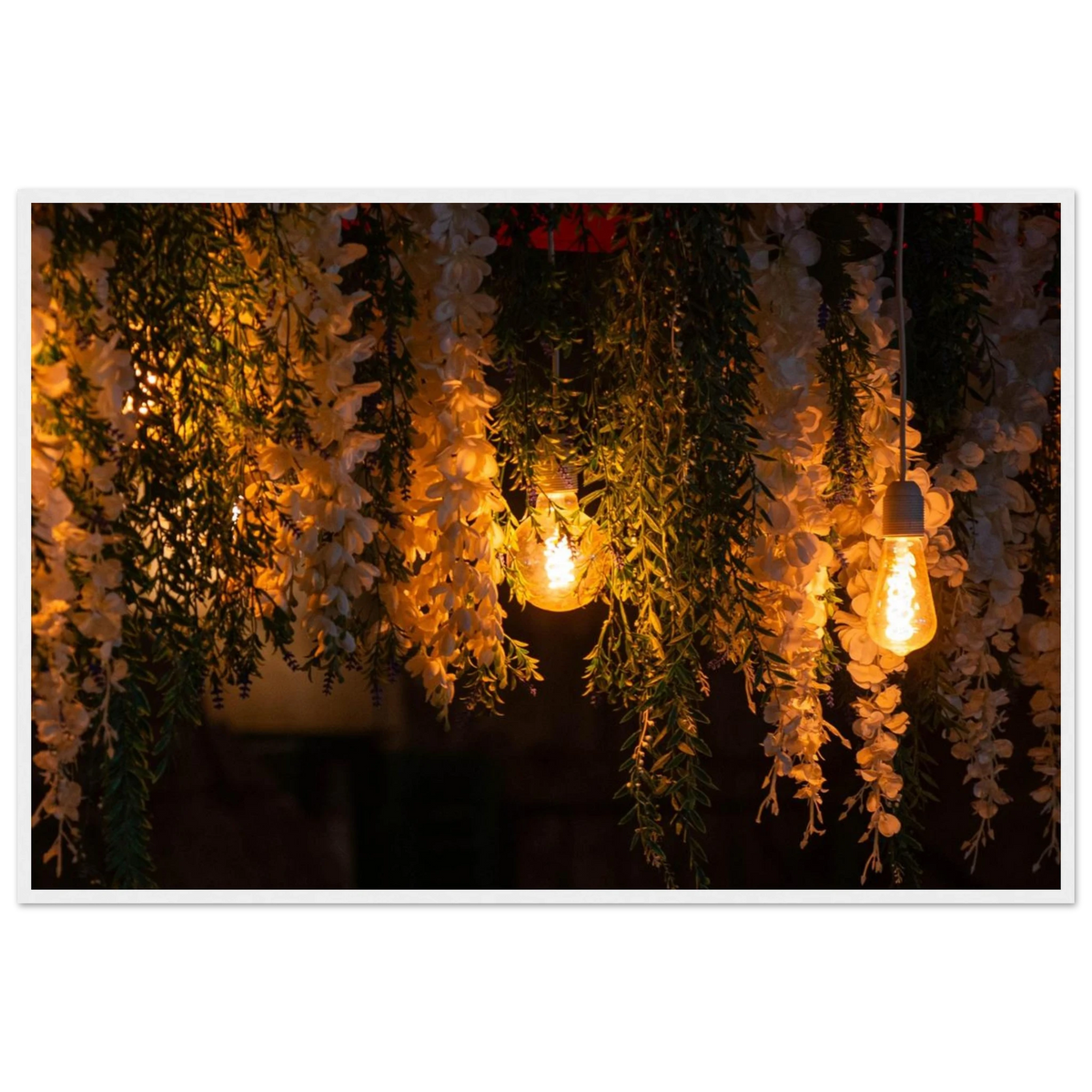 Bloom in the Glow – spring flowers and fairy lights photography photo print in a wooden frame