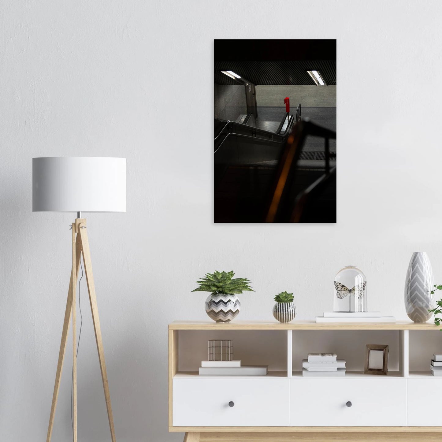 Nighttime view of a metro station entrance with illuminated signs and dark urban surroundings on Canvas print wall art on the wall in the Livingroom