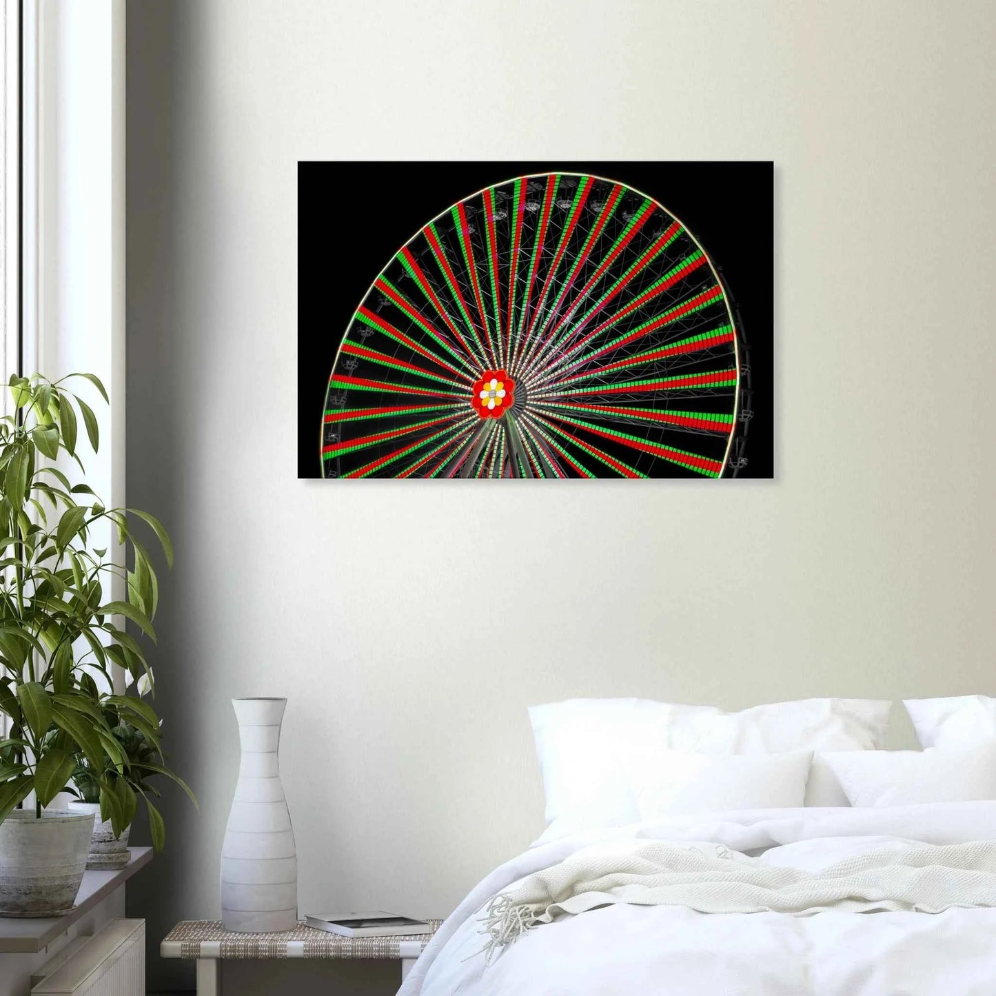 Night photo of the Vienna Prater Giant Ferris Wheel (Wiener Riesenrad) illuminated with warm golden lights against a dark sky on Canvas Print wall art on the wall in the Bedroom