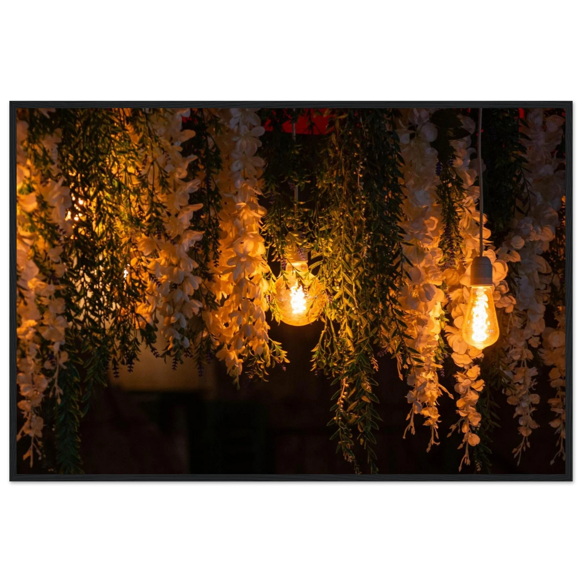 Bloom in the Glow – spring flowers and fairy lights photography photo print in a wooden frame