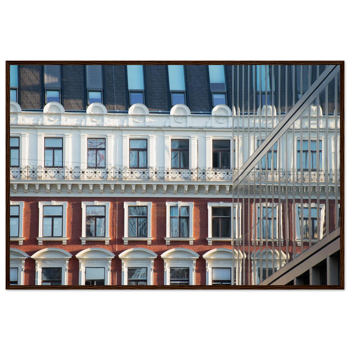 Modern Houseblock – historic European facade architecture photography photo print in a wooden frame