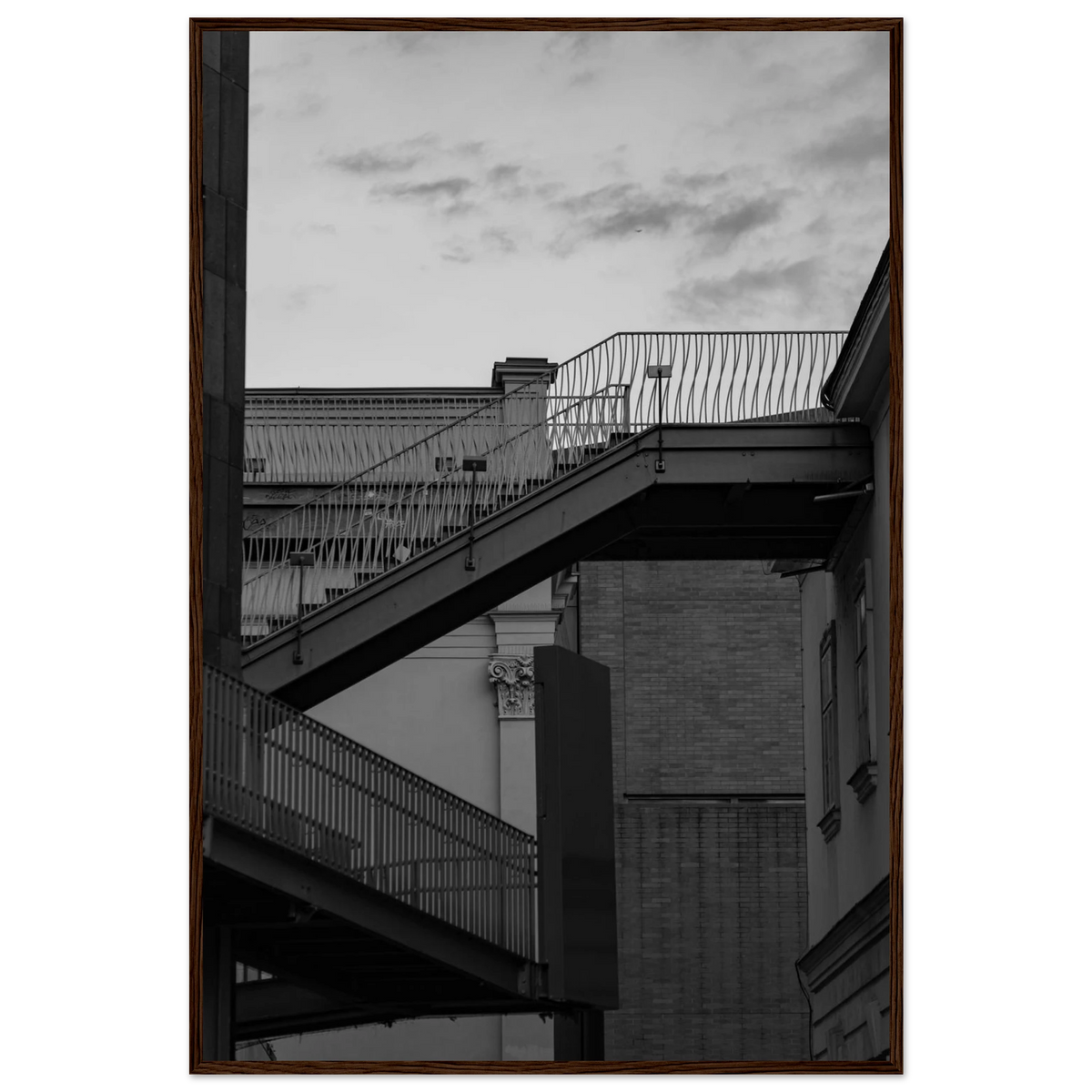 Step Up – black and white staircase architecture photography photo print in a wooden frame