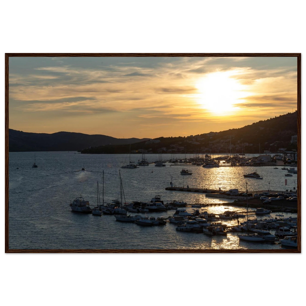 Sunset at the Harbor (Horizontal) – harbor sunset with boats photography photo print in a wooden frame