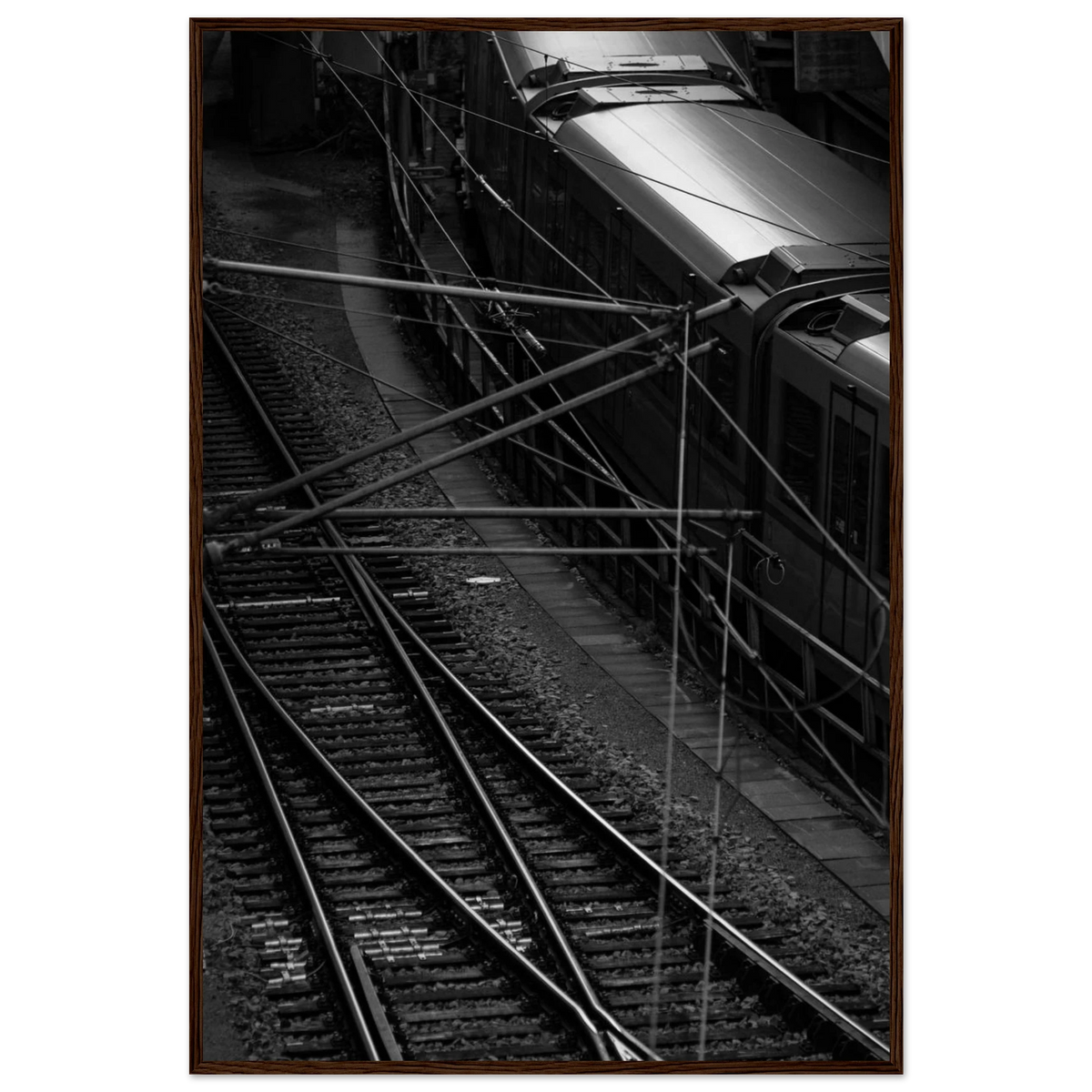 Underground Rush – black and white aerial metro photography photo print in a wooden frame
