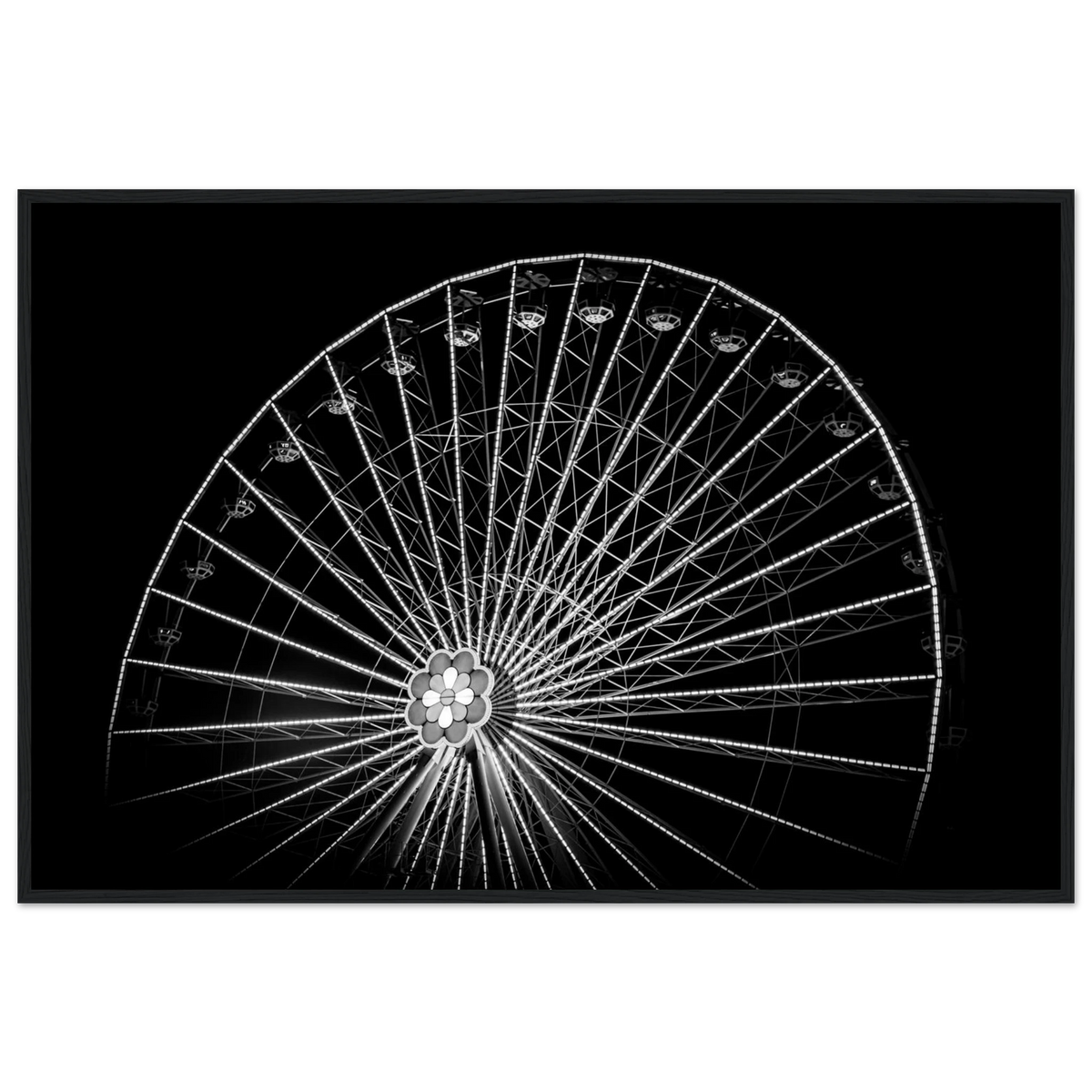 Up & Around – black and white Vienna Ferris wheel night photography photo print in a wooden frame