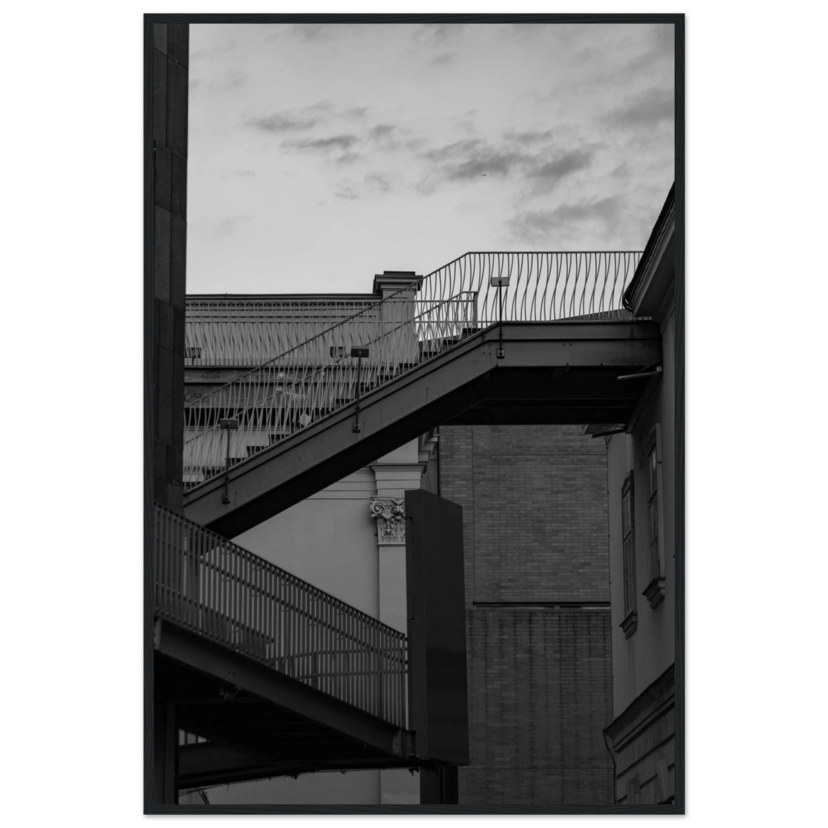 Step Up – black and white staircase architecture photography photo print in a wooden frame