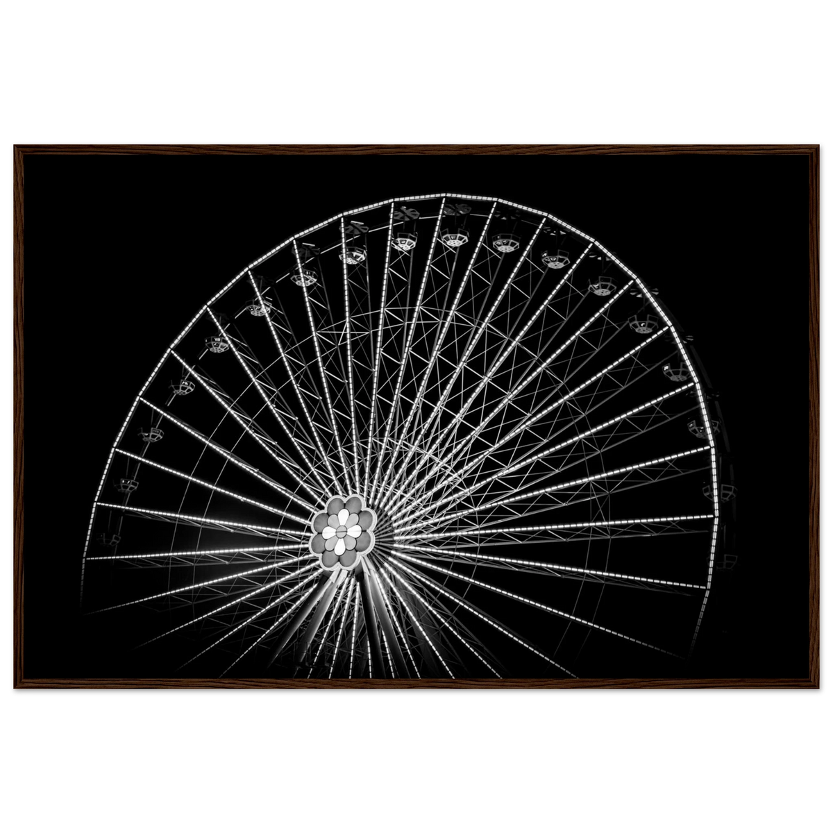 Up & Around – black and white Vienna Ferris wheel night photography photo print in a wooden frame