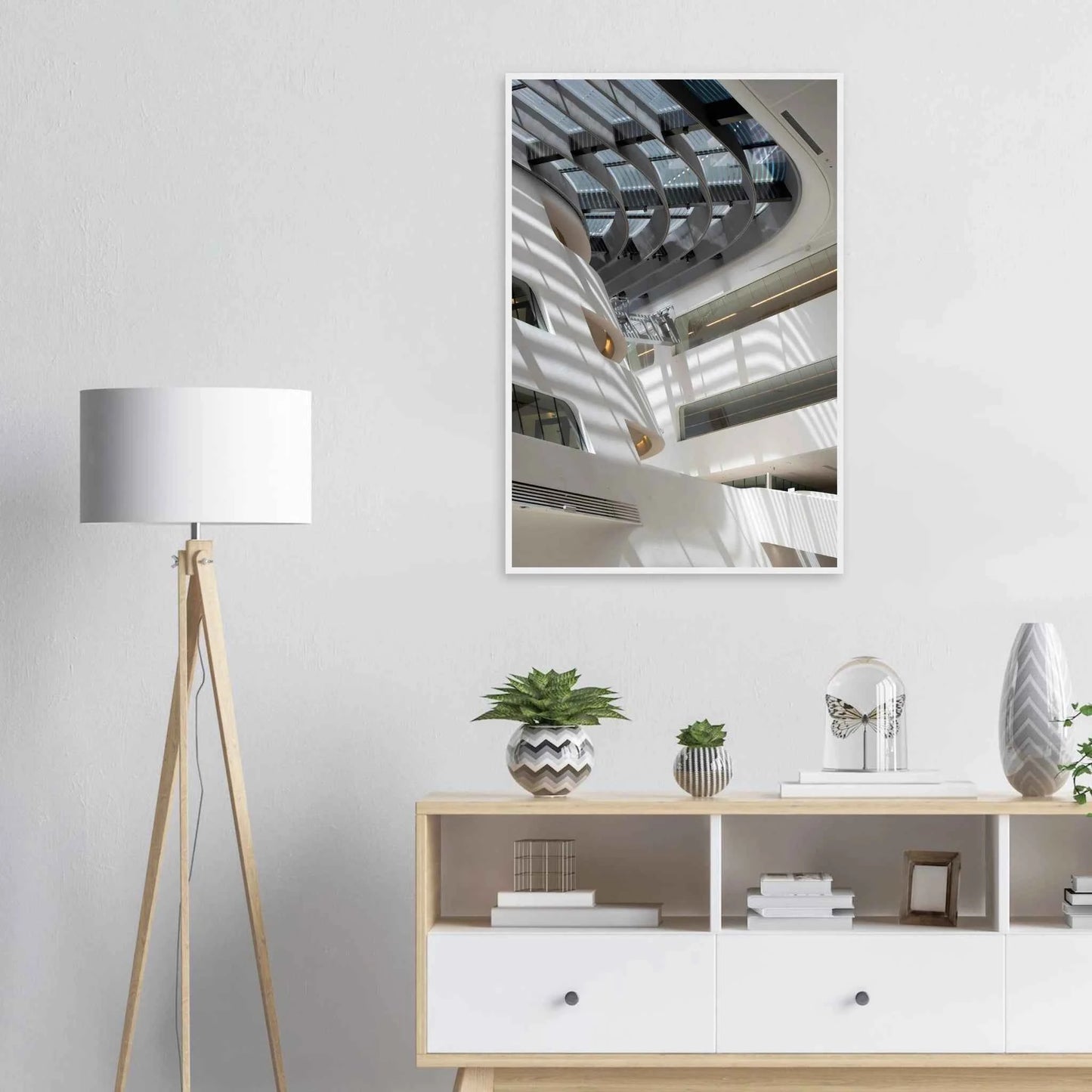 Interior view of the Library of WU (Vienna University of Economics and Business) on wooden frame wall art featuring modern architecture with multiple floors and open study spaces on the wall in the Livingroom