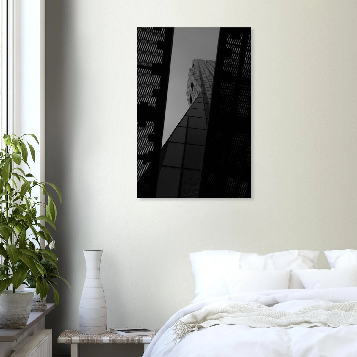Horizon Peak black and white glass skyscraper photography wall art in a bedroom