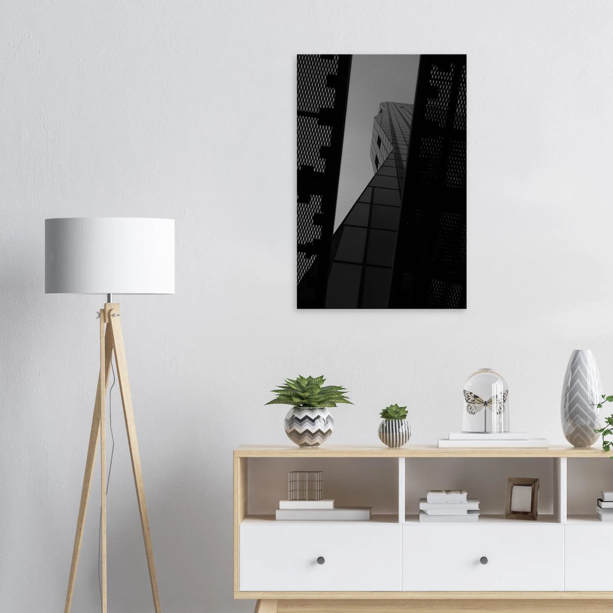 Horizon Peak black and white glass skyscraper photography wall art in a living room