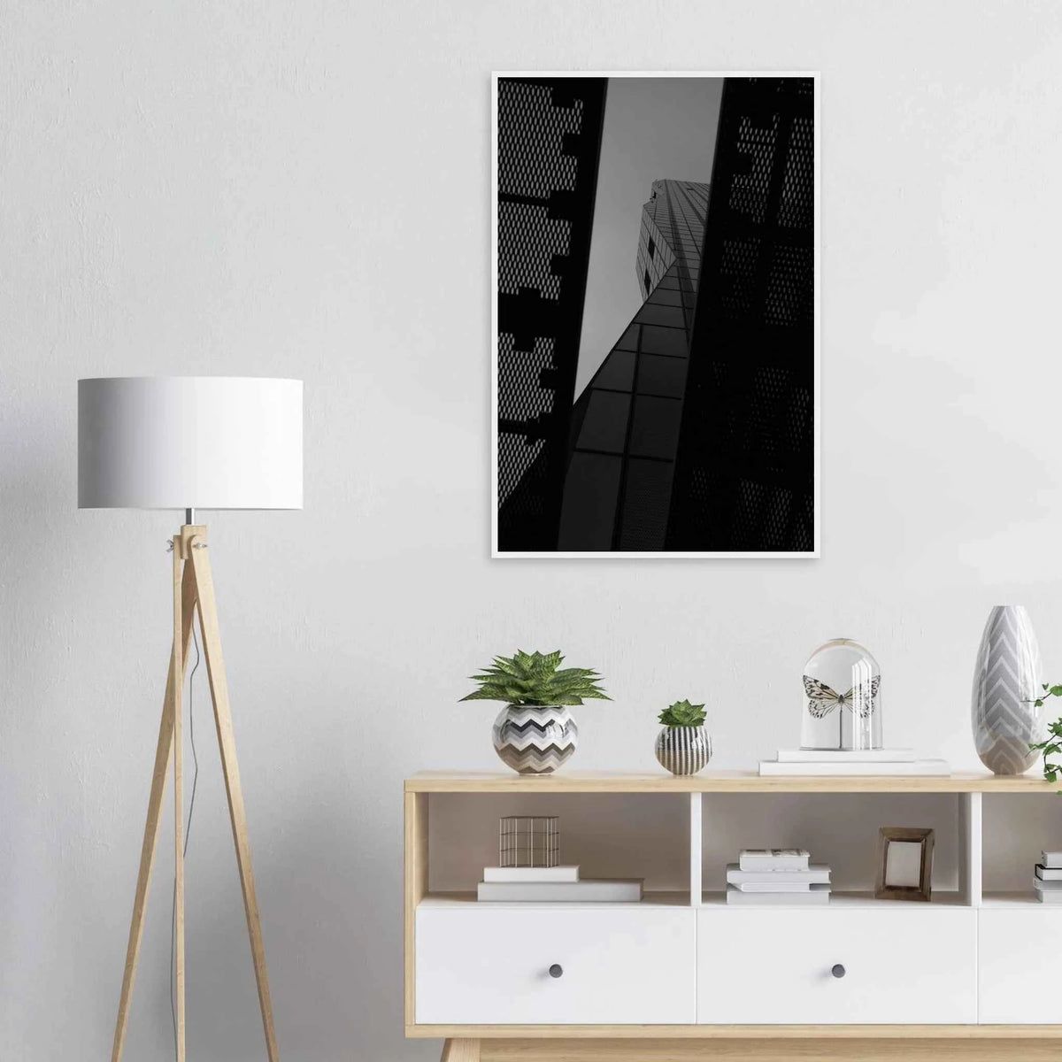 Horizon Peak black and white glass skyscraper photography wall art in a living room