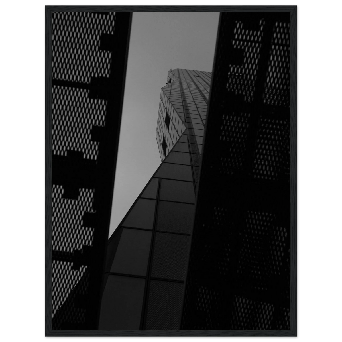 Horizon Peak – black and white glass skyscraper photography photo print in a wooden frame