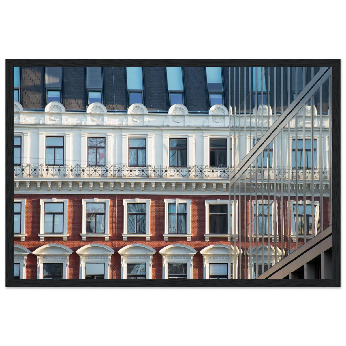 Modern Houseblock – historic European facade architecture photography photo print in a wooden frame