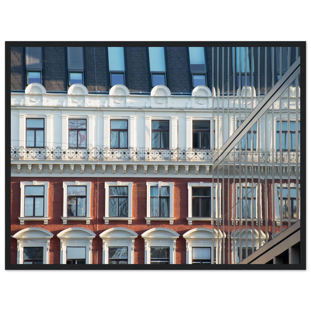 Modern Houseblock – historic European facade architecture photography photo print in a wooden frame