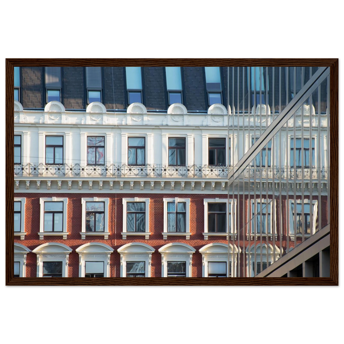 Modern Houseblock – historic European facade architecture photography photo print in a wooden frame