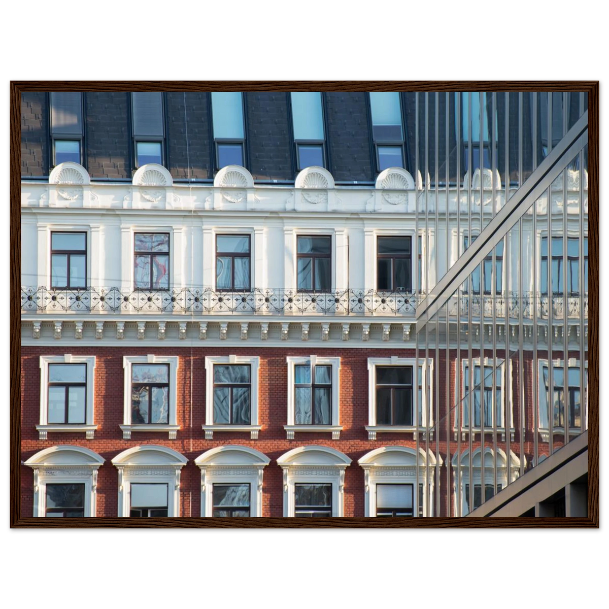 Modern Houseblock – historic European facade architecture photography photo print in a wooden frame