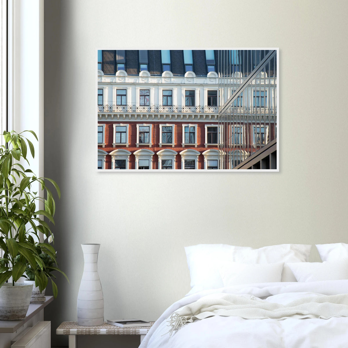 Modern Houseblock historic European facade architecture photography wall art in a bedroom