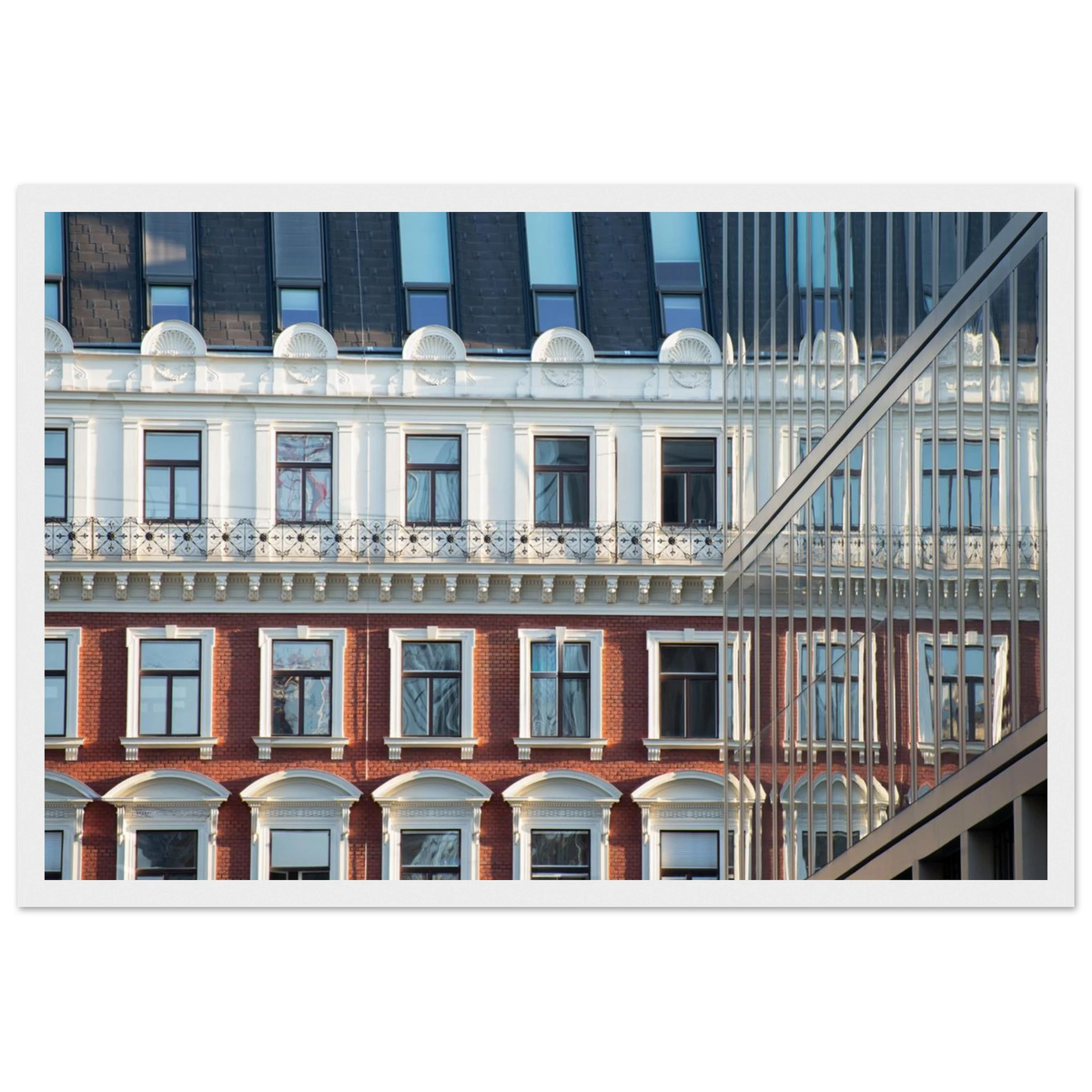 Modern Houseblock – historic European facade architecture photography photo print in a wooden frame