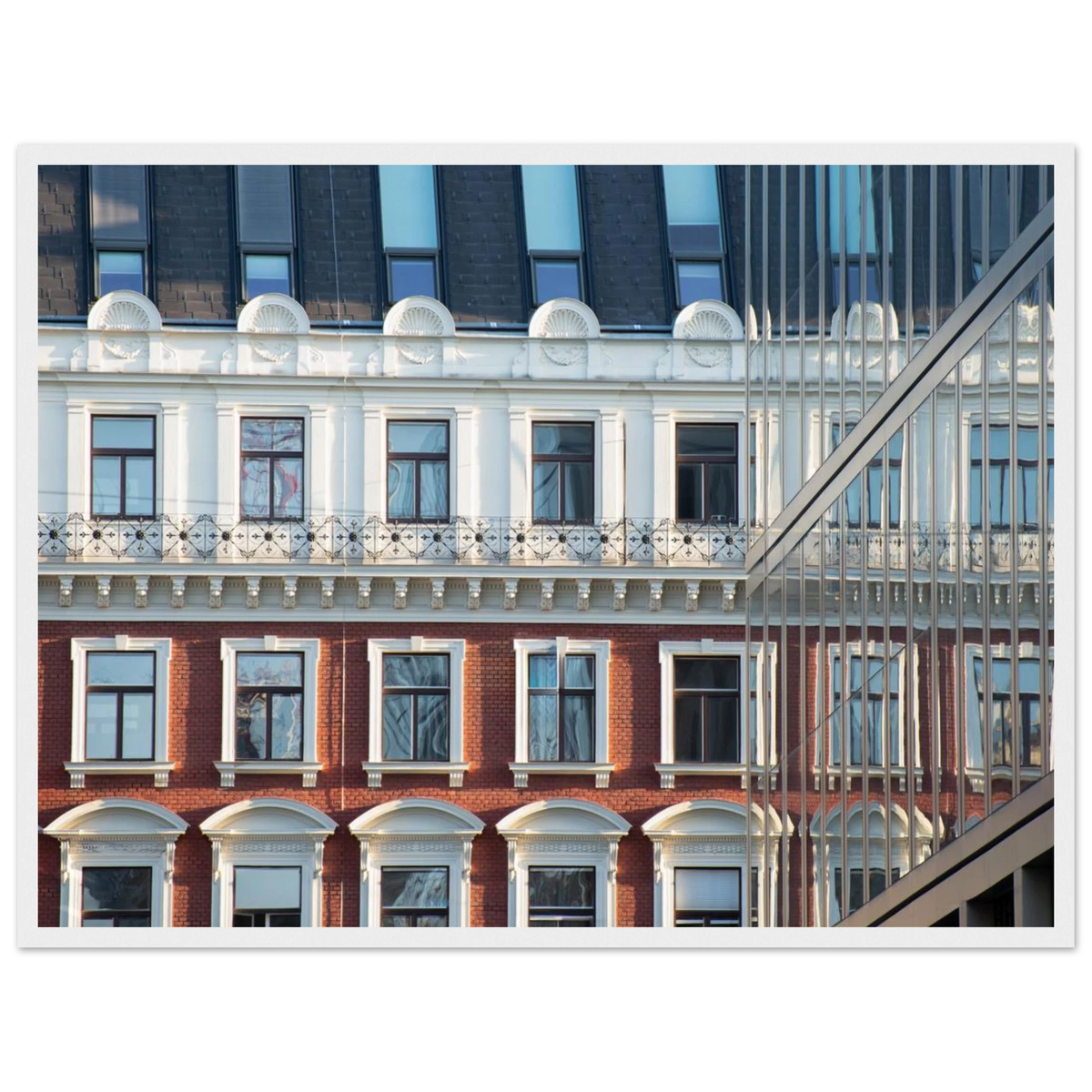 Modern Houseblock – historic European facade architecture photography photo print in a wooden frame