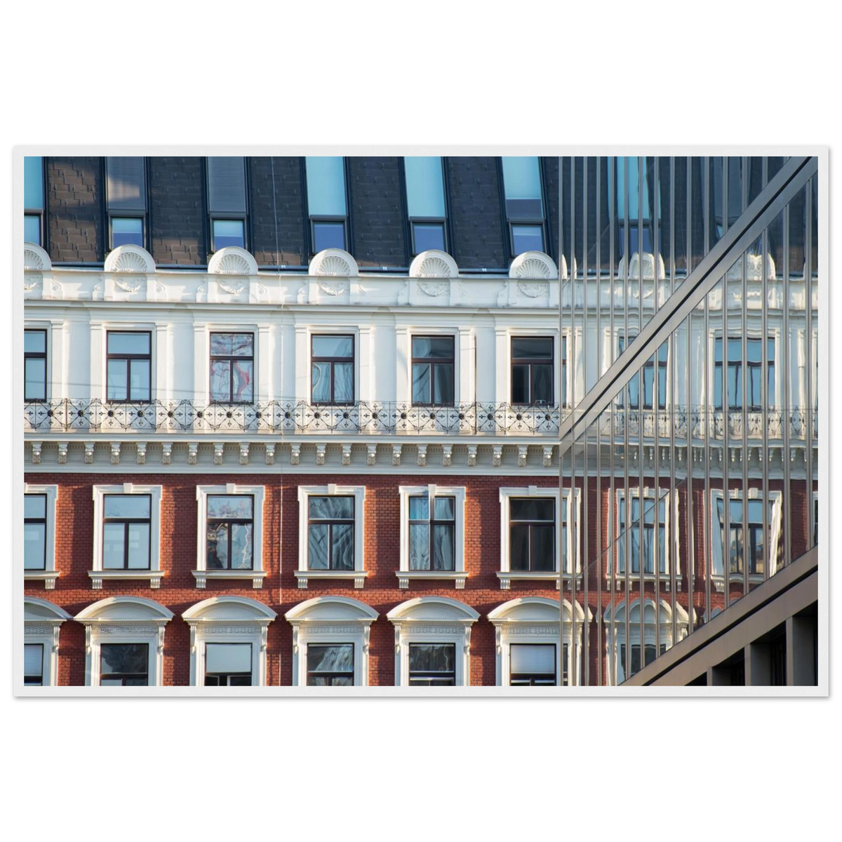 Modern Houseblock – historic European facade architecture photography photo print in a wooden frame