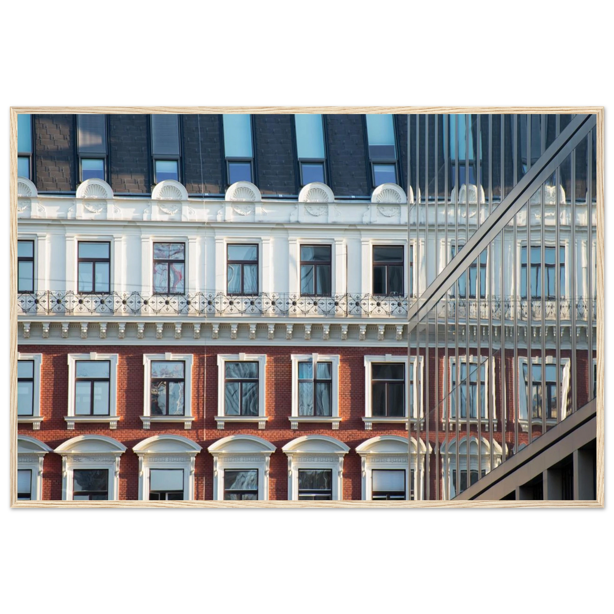 Modern Houseblock – historic European facade architecture photography photo print in a wooden frame