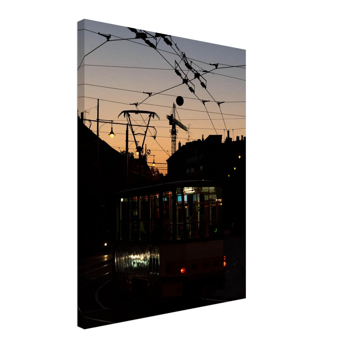 Nightline – tram at golden sunset street photography canvas print