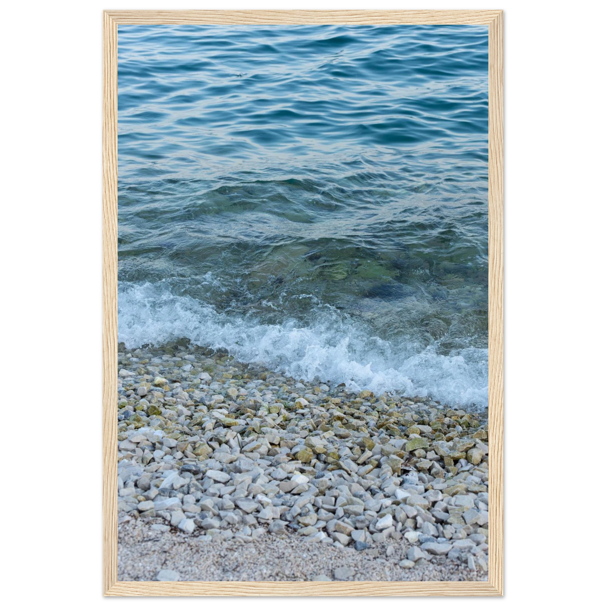 Pebble Beach – aerial pebble beach drone photography photo print in a wooden frame