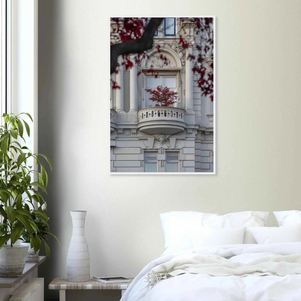 Red Haven red autumn tree photography wall art in a bedroom