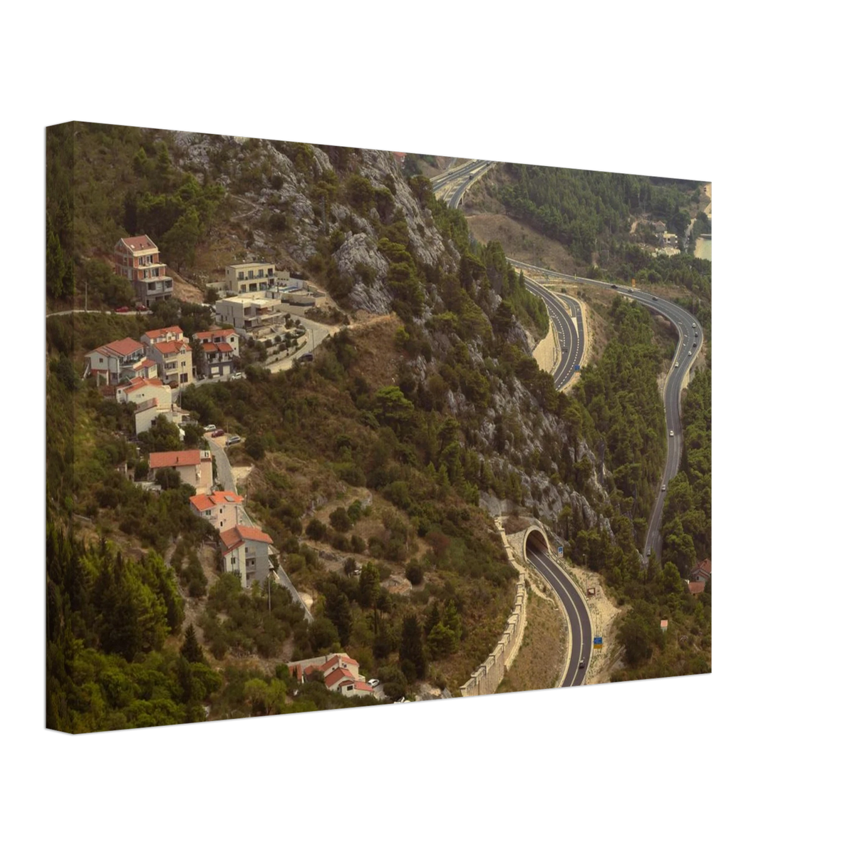 Retro View – Retro-Landschaft im Malstil als Leinwandbild