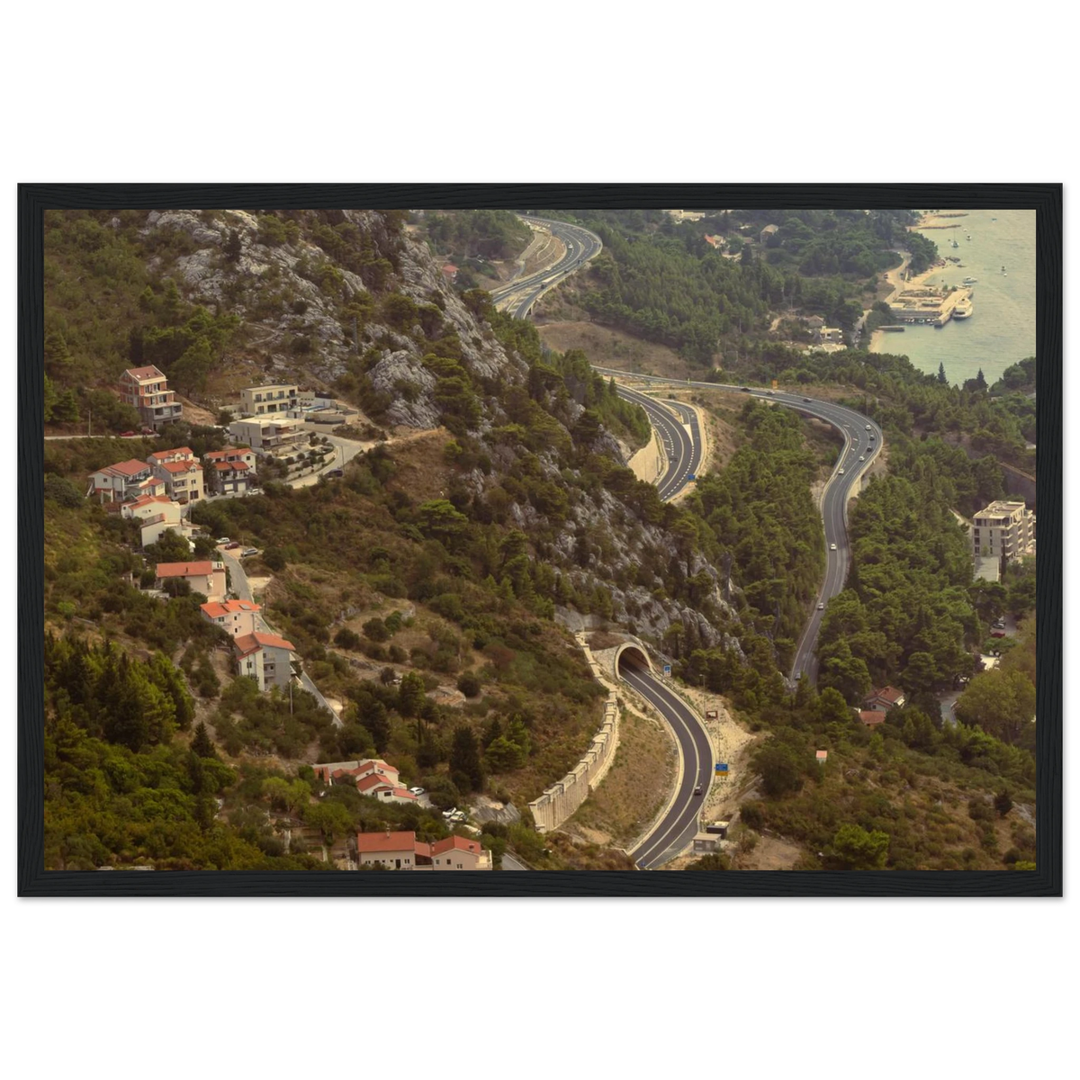 Retro View – retro painterly landscape photo print in a wooden frame