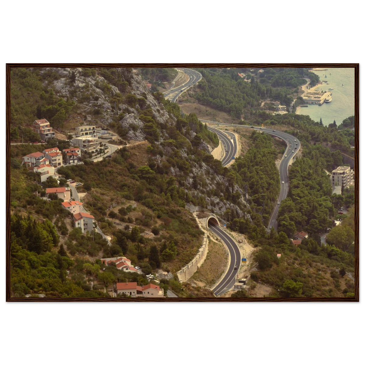 Retro View – retro painterly landscape photo print in a wooden frame