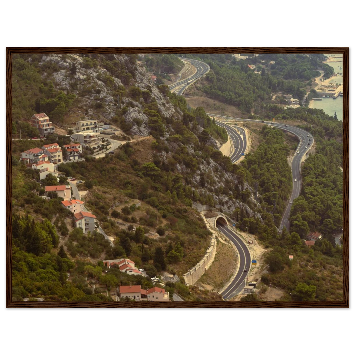 Retro View – retro painterly landscape photo print in a wooden frame