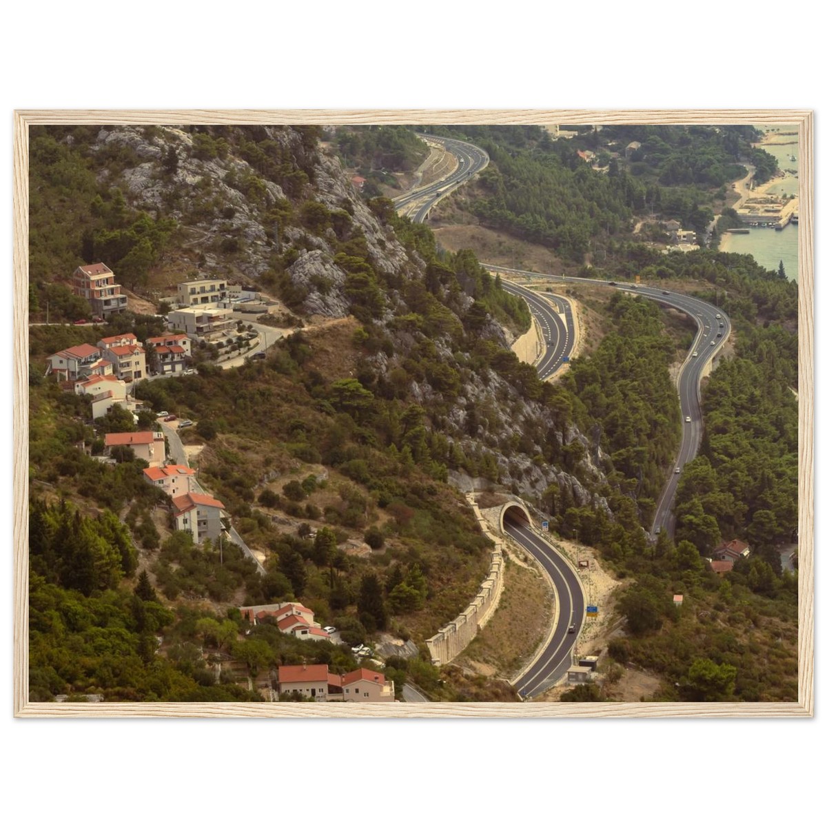 Retro View – retro painterly landscape photo print in a wooden frame