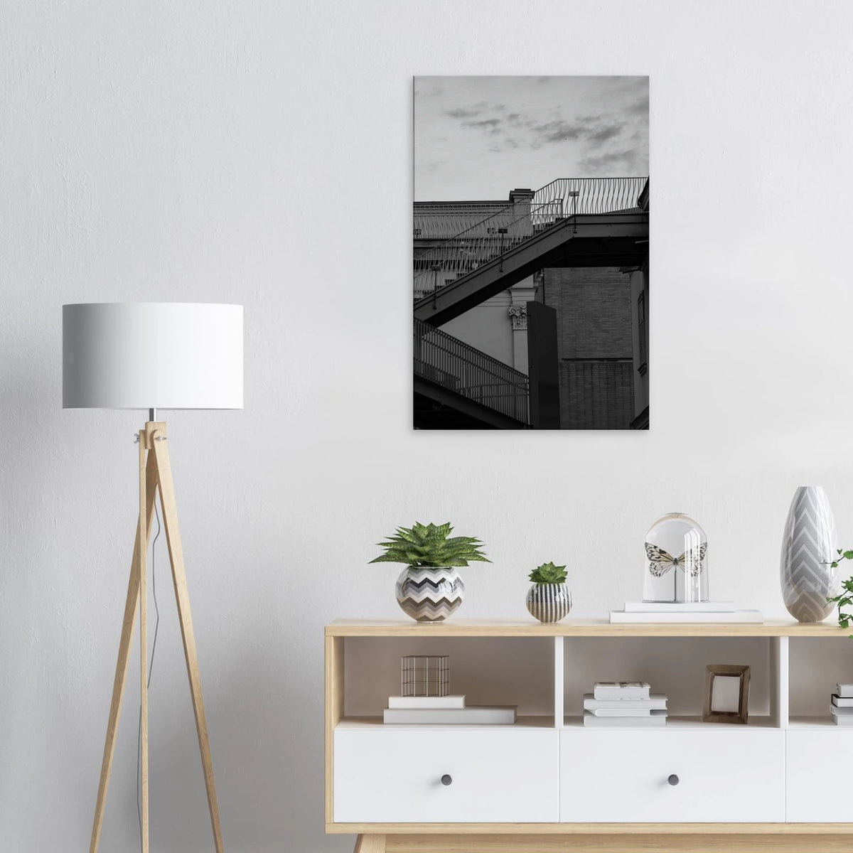 Step Up black and white staircase architecture photography wall art in a living room