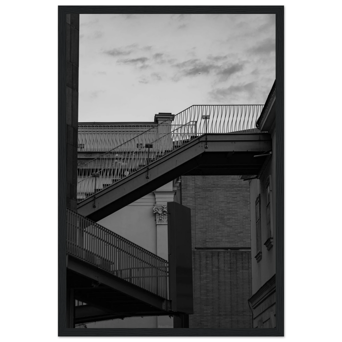 Step Up – black and white staircase architecture photography photo print in a wooden frame