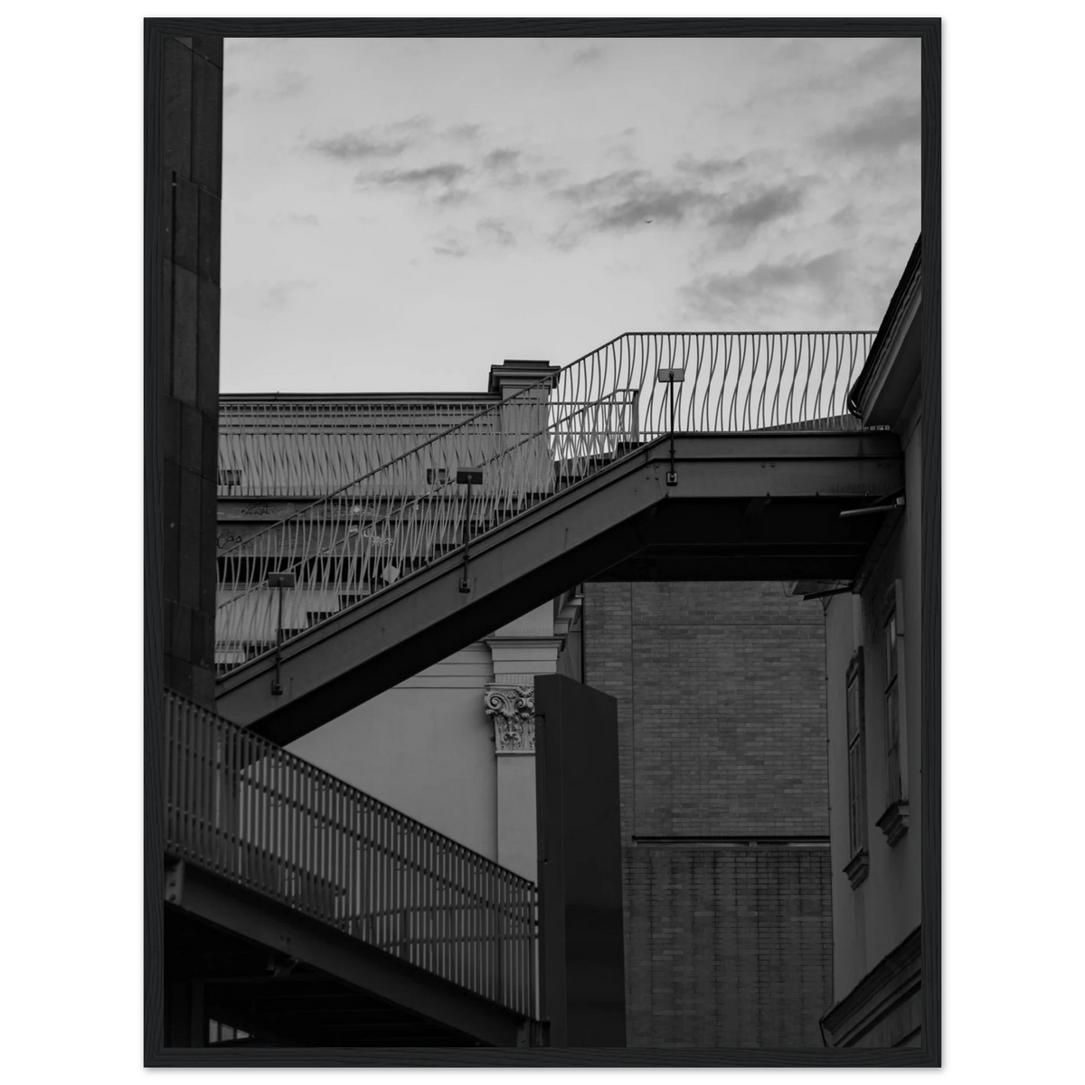 Step Up – black and white staircase architecture photography photo print in a wooden frame