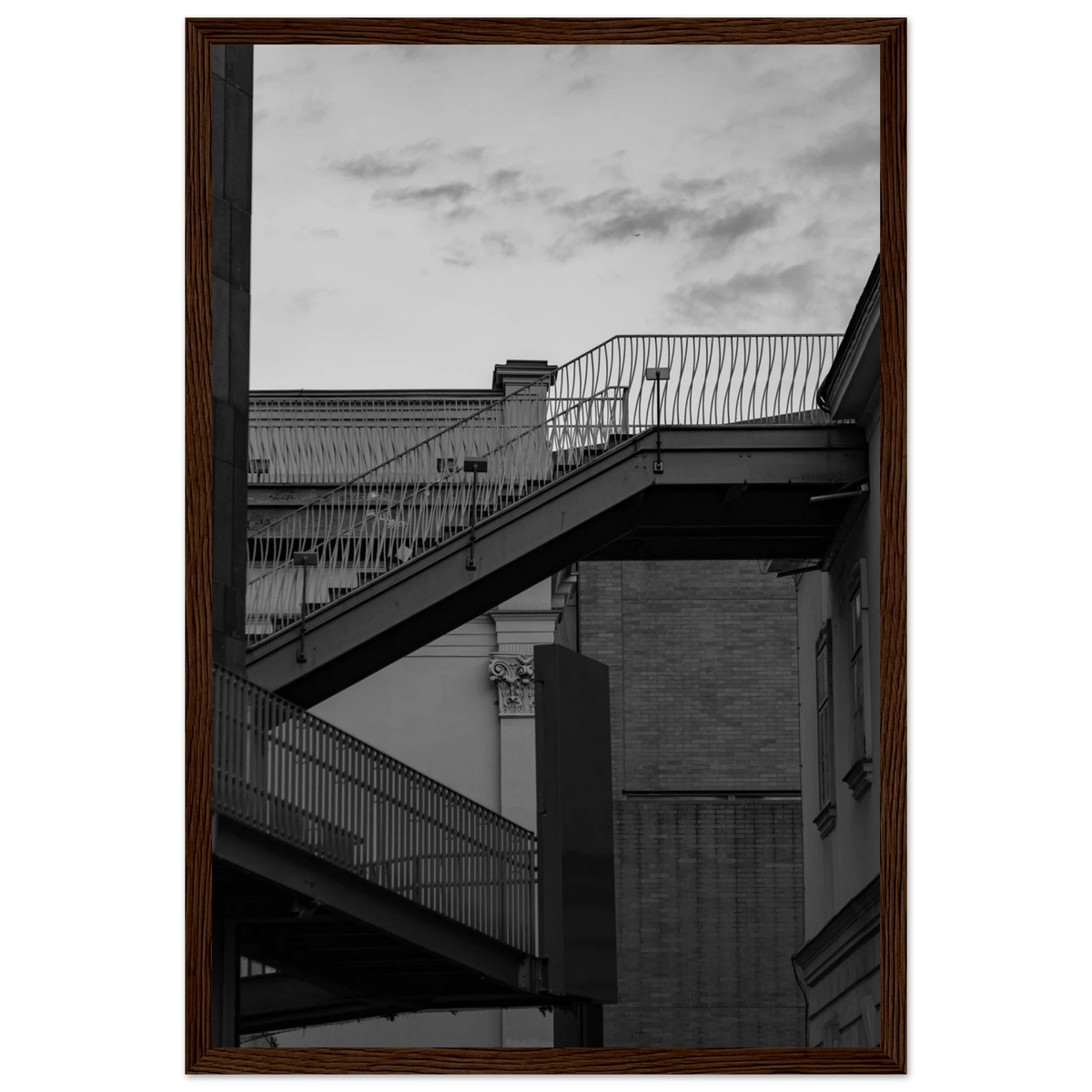 Step Up – black and white staircase architecture photography photo print in a wooden frame
