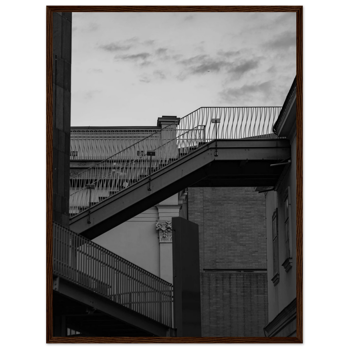 Step Up – black and white staircase architecture photography photo print in a wooden frame