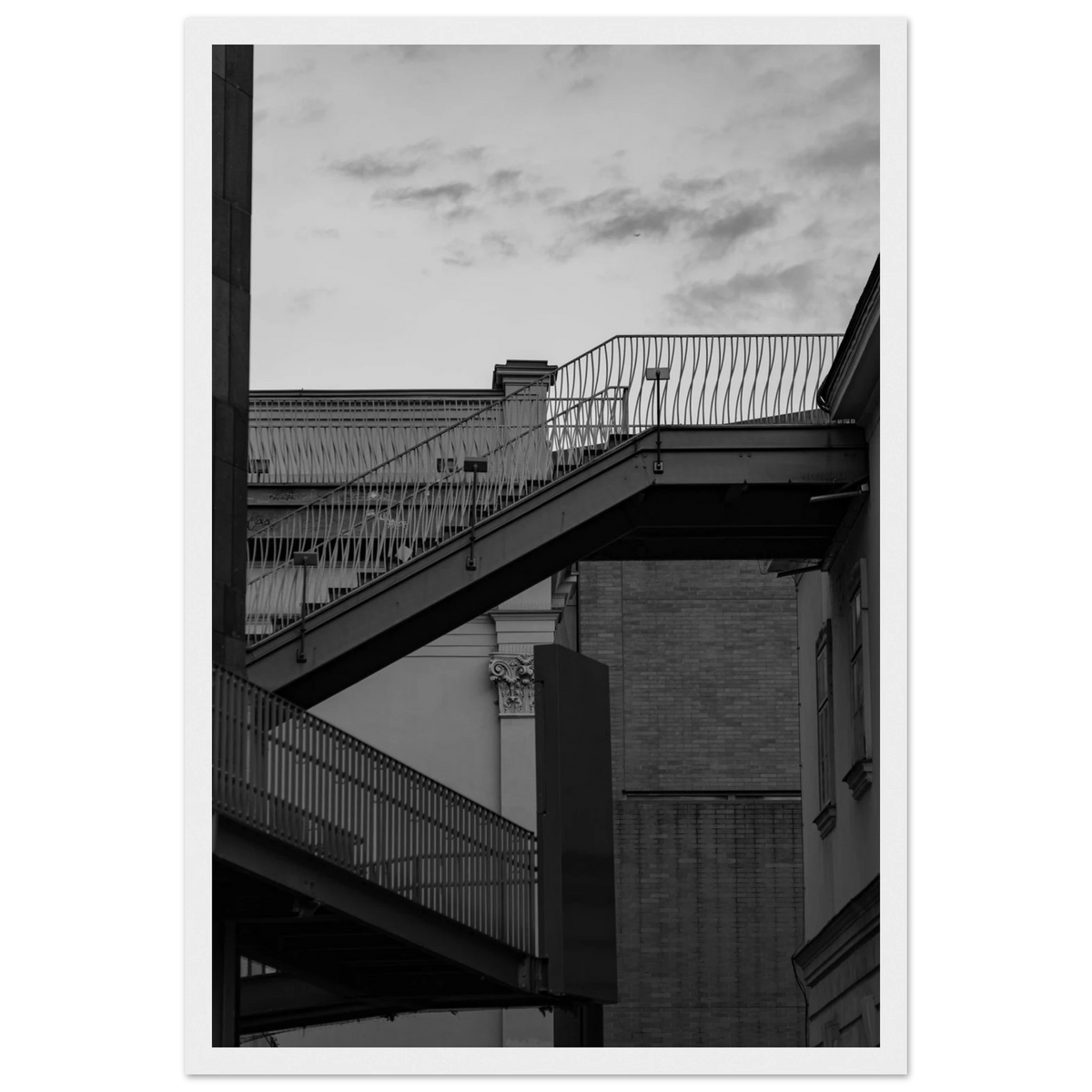Step Up – black and white staircase architecture photography photo print in a wooden frame