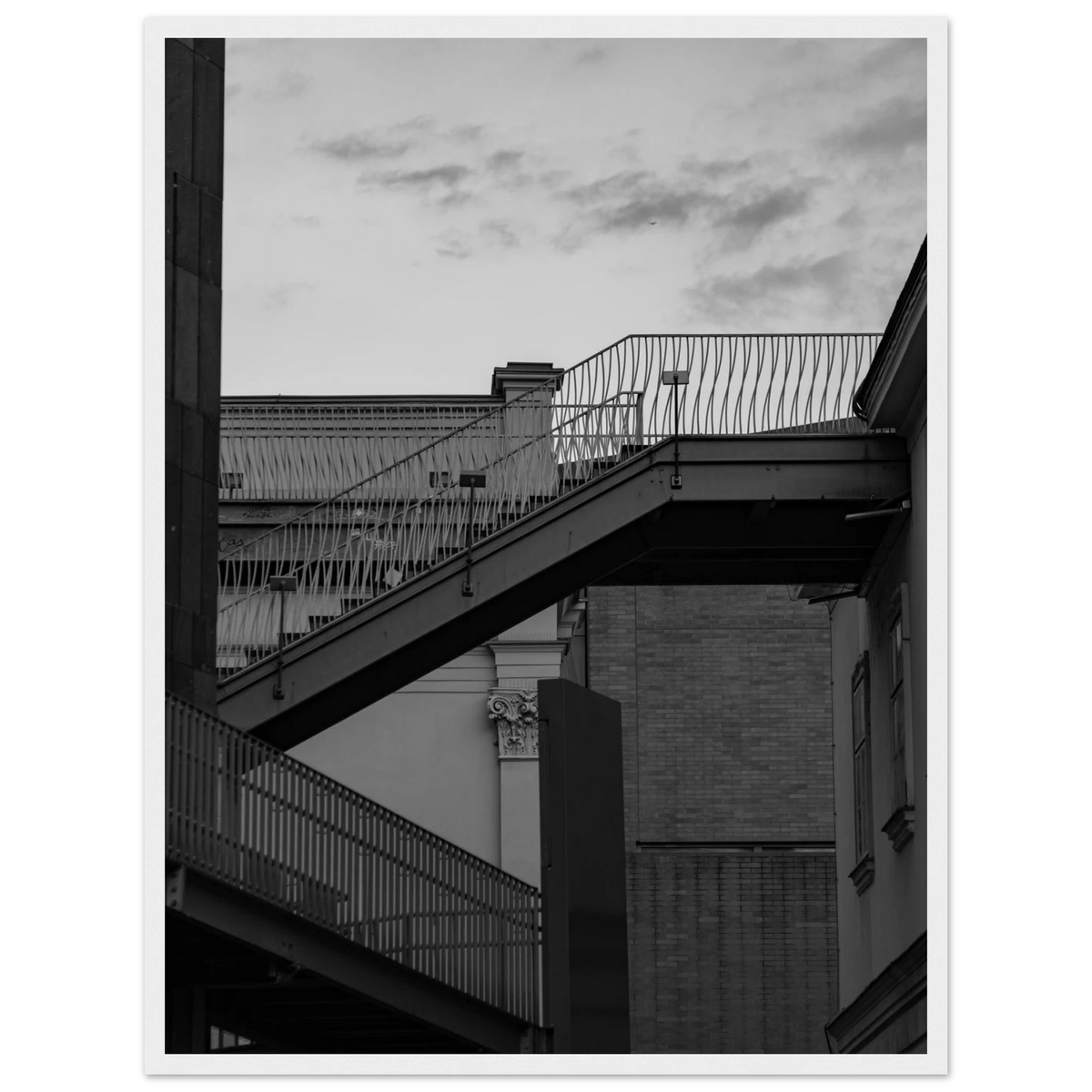 Step Up – black and white staircase architecture photography photo print in a wooden frame