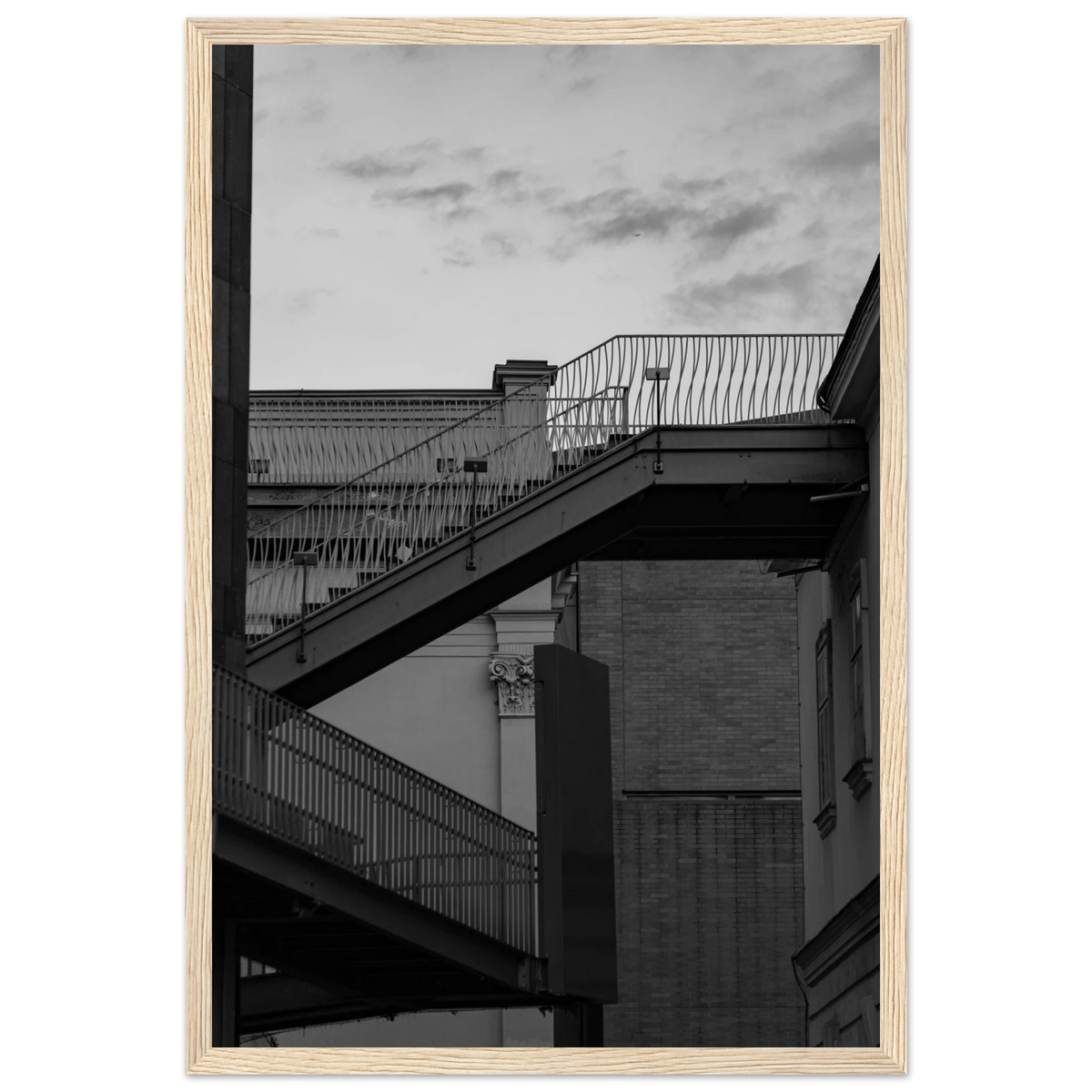 Step Up – black and white staircase architecture photography photo print in a wooden frame