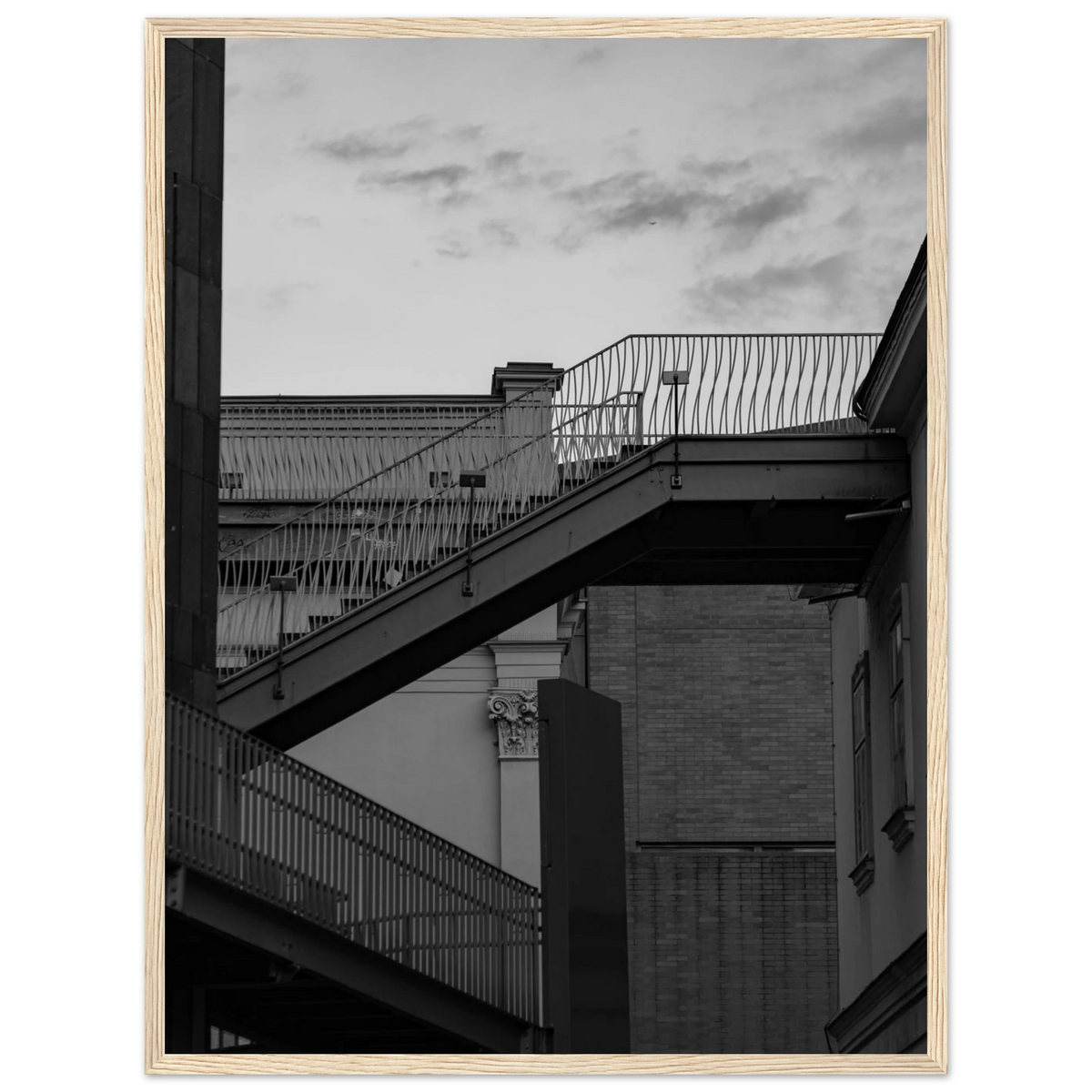 Step Up – black and white staircase architecture photography photo print in a wooden frame