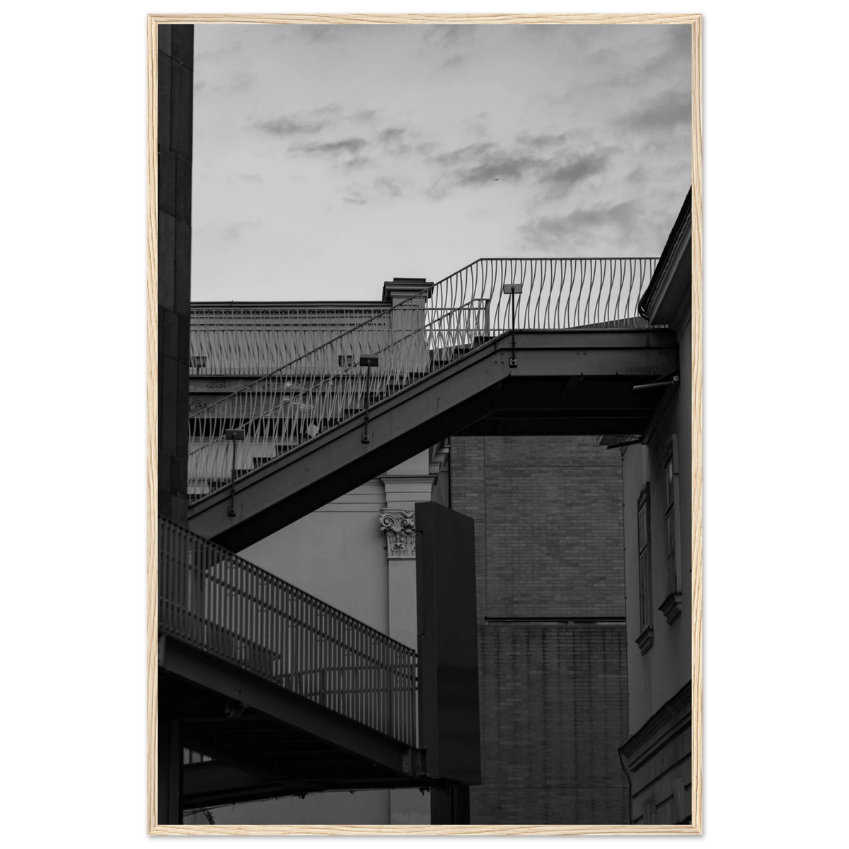 Step Up – black and white staircase architecture photography photo print in a wooden frame